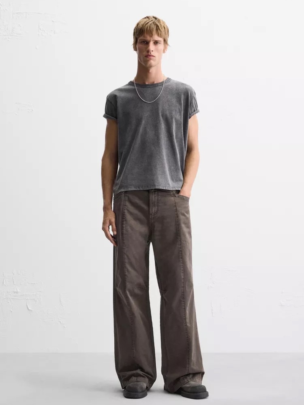 Zara Stitched Washed-Effect Trousers Wide Leg Brown Utility Pants 30